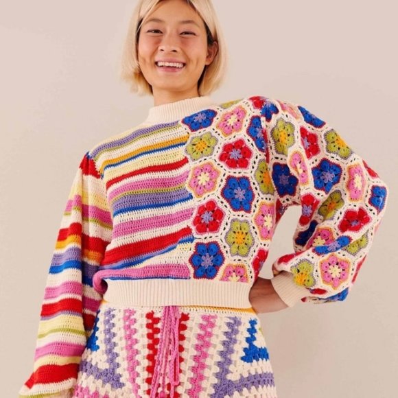 FARM Rio Sweaters - Farm Rio | Rainbow Crochet Squares Sweater - NWT - Size L